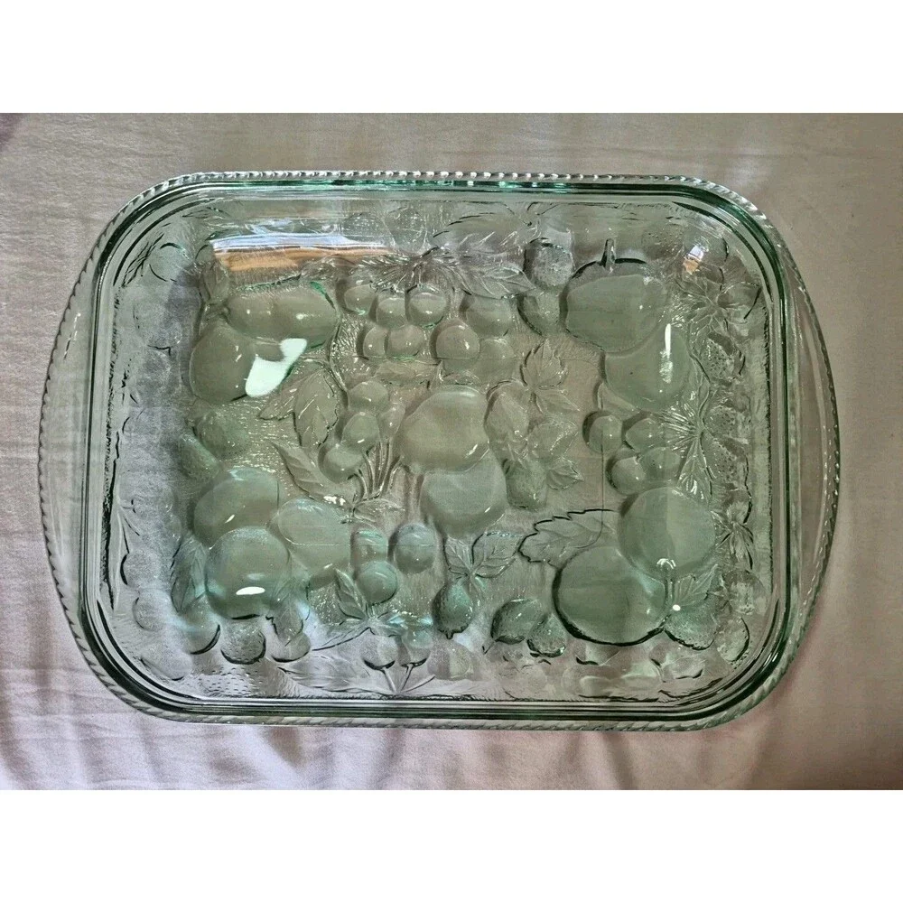 Vintage Libbey Orchard Fruit Green Glass Casserole Oven Proof Baking Dish 9”x13”